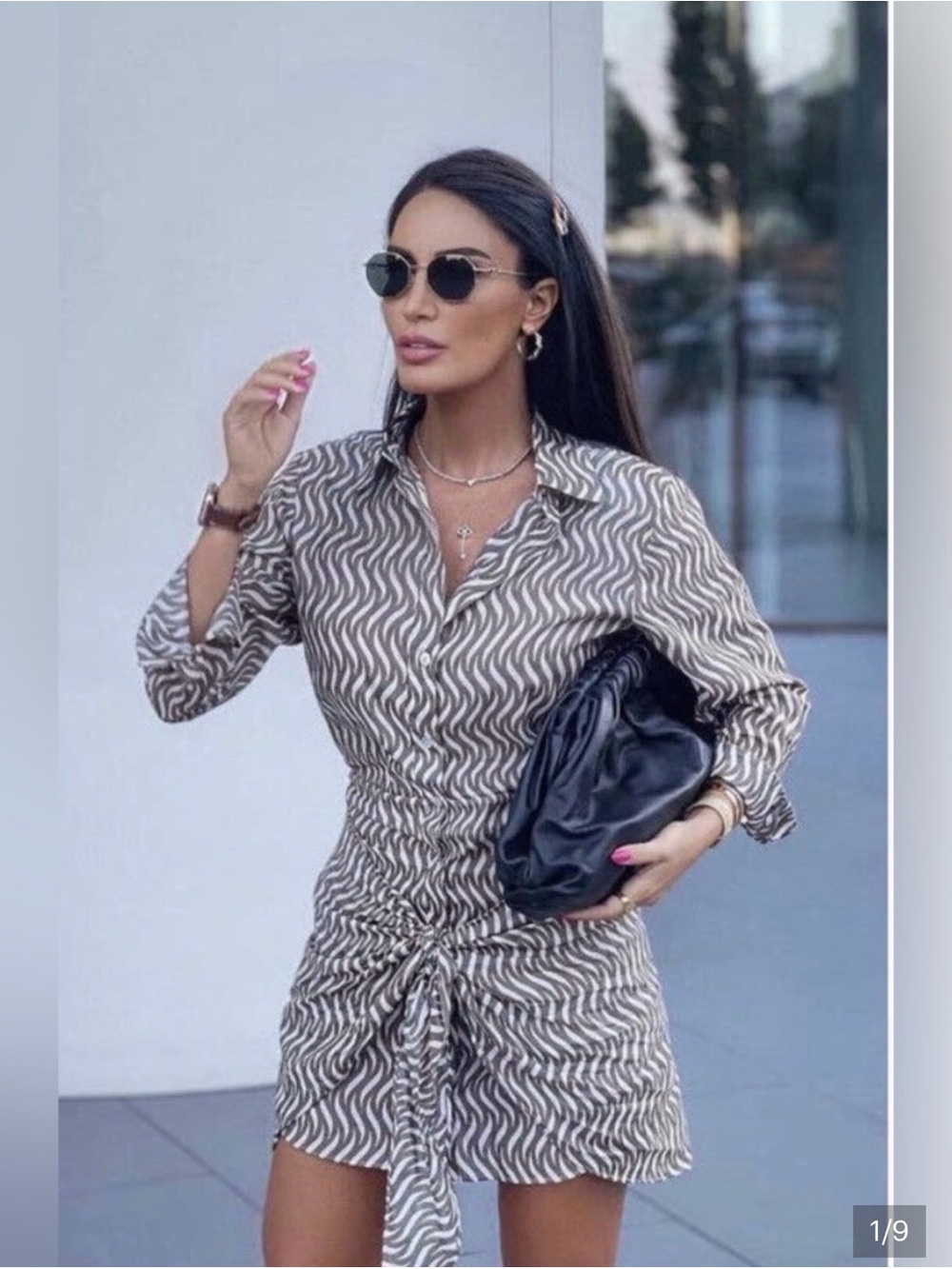 Zara Beige and White Wave-Print Mini Shirt Dress